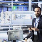 A modern smart factory environment with digital screens or dashboards representing real-time data.