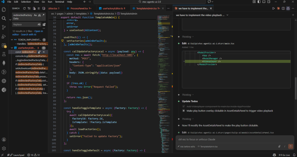 Claude Code CLI tool performing multi-file edits and updating task checklists within a React project environment.