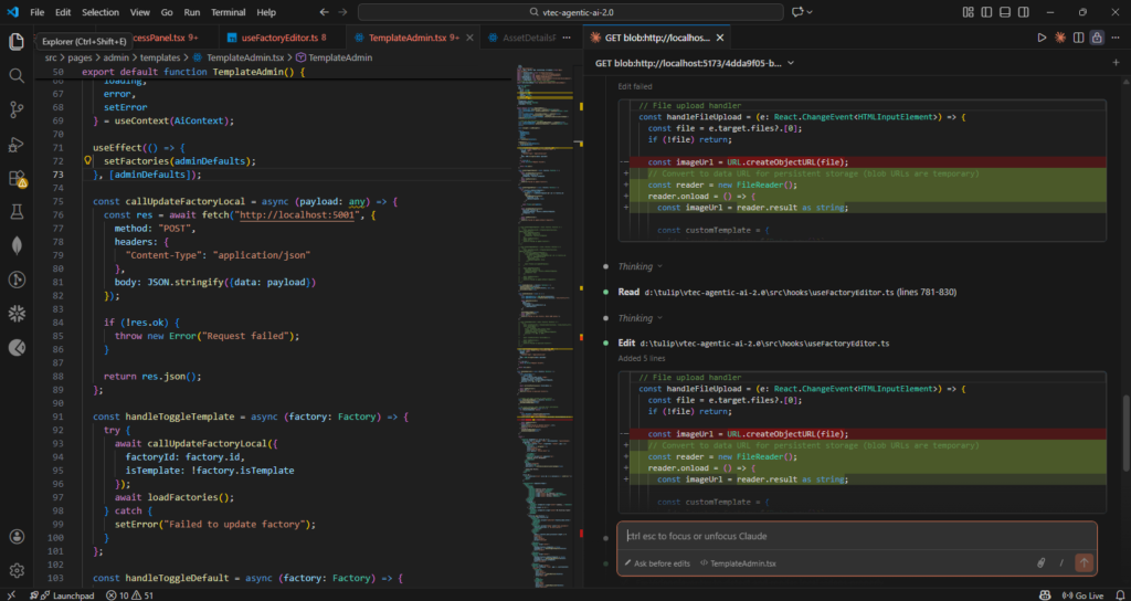 Claude Code identifying a bug in a file upload handler and providing a side-by-side diff to refactor ephemeral URLs into persistent data strings.