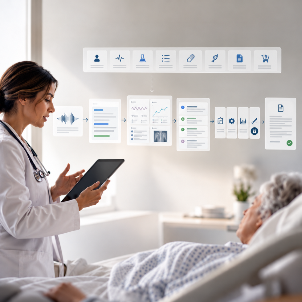 Custom AI medical scribe built into an EHR companion app: dictation to a structured SOAP note on a tablet
